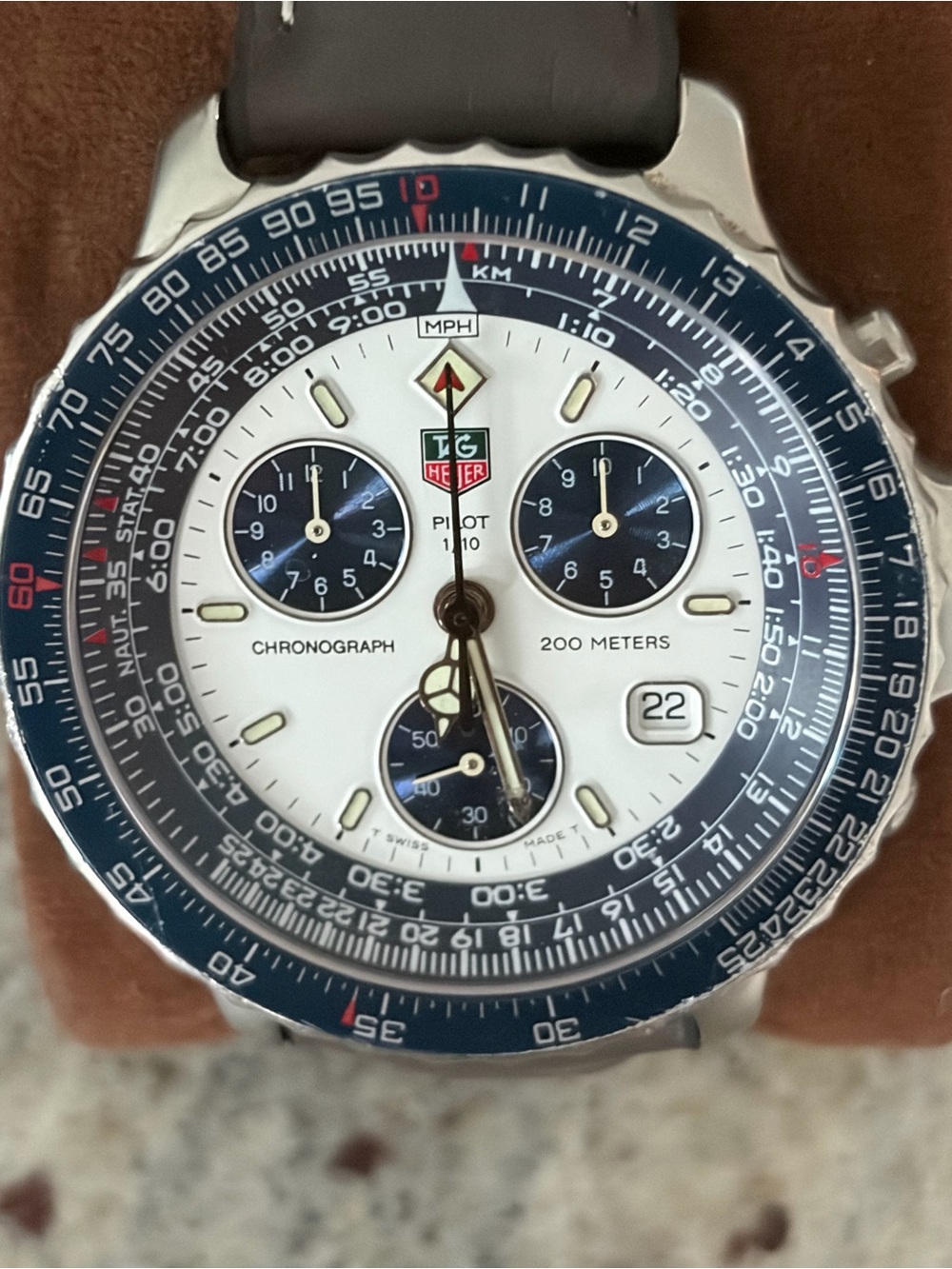Tag Heuer White Dial Chronograph with Blue Bezel and Subdials
